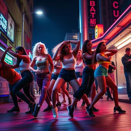 Ballerini di hip hop che si esibiscono in un contesto urbano notturno