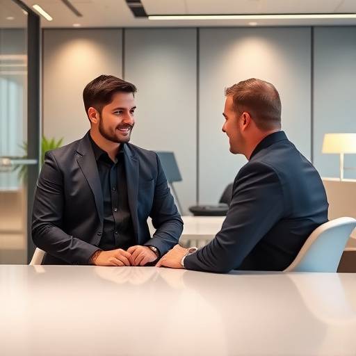 Immagine di un'intervista a un imprenditore tecnologico con uno sfondo moderno di un ufficio.