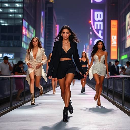 Scena da uno spot pubblicitario dinamico per un marchio di moda, con modelli che camminano su una passerella urbana.