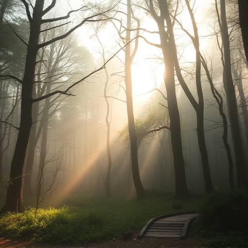 Una scena di una foresta incantata con luci soffuse
